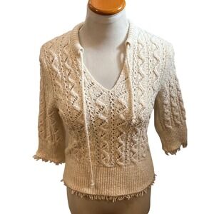 ZARA Cream Crochet Knit‎ Sweater Top 3/4 Sleeve V Neck Tie Detail Size Small